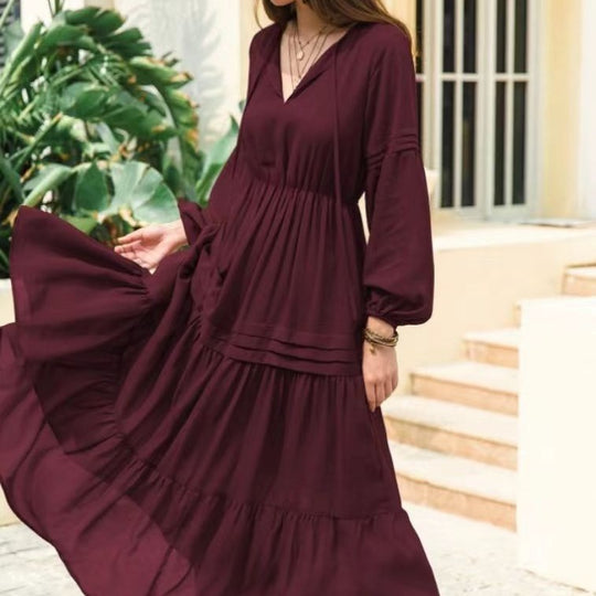 Damen Boho Maxikleid mit raffinierten Details und V-Ausschnitt EB