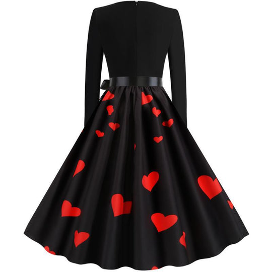 Damen Retro-Tellerkleid mit figurbetontem Oberteil, Satin-Taillengürtel und Katzen-Herz-Print EB
