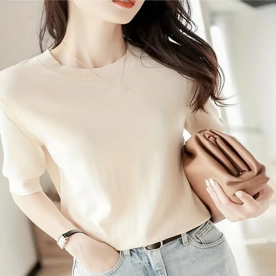 Damen eleganter Kurzarmpullover mit feiner Maschenstruktur und lässigem Schnitt EB
