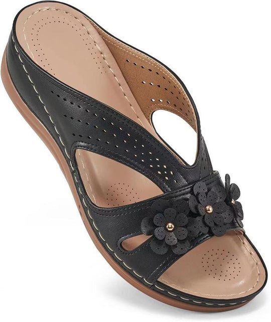 Damen Orthopädische Lederimitat-Pantolette mit Blumen‑Applikation und perforiertem Obermaterial EB