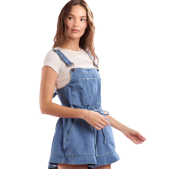 Damen Jeans-Latzkleid mit verstellbaren Trägern und praktischem Kordelzug EB