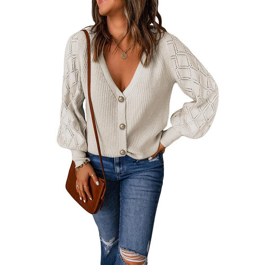 Damen Strickjacke mit V-Ausschnitt und modischen Puffärmeln EB
