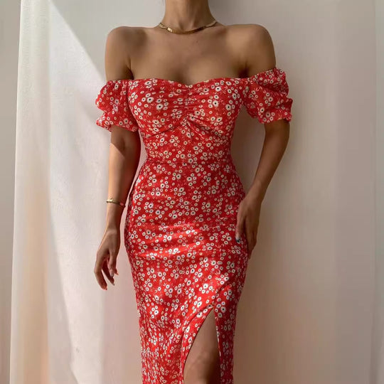 Damen Maxikleid mit schulterfreiem Design und floralem Druck EB