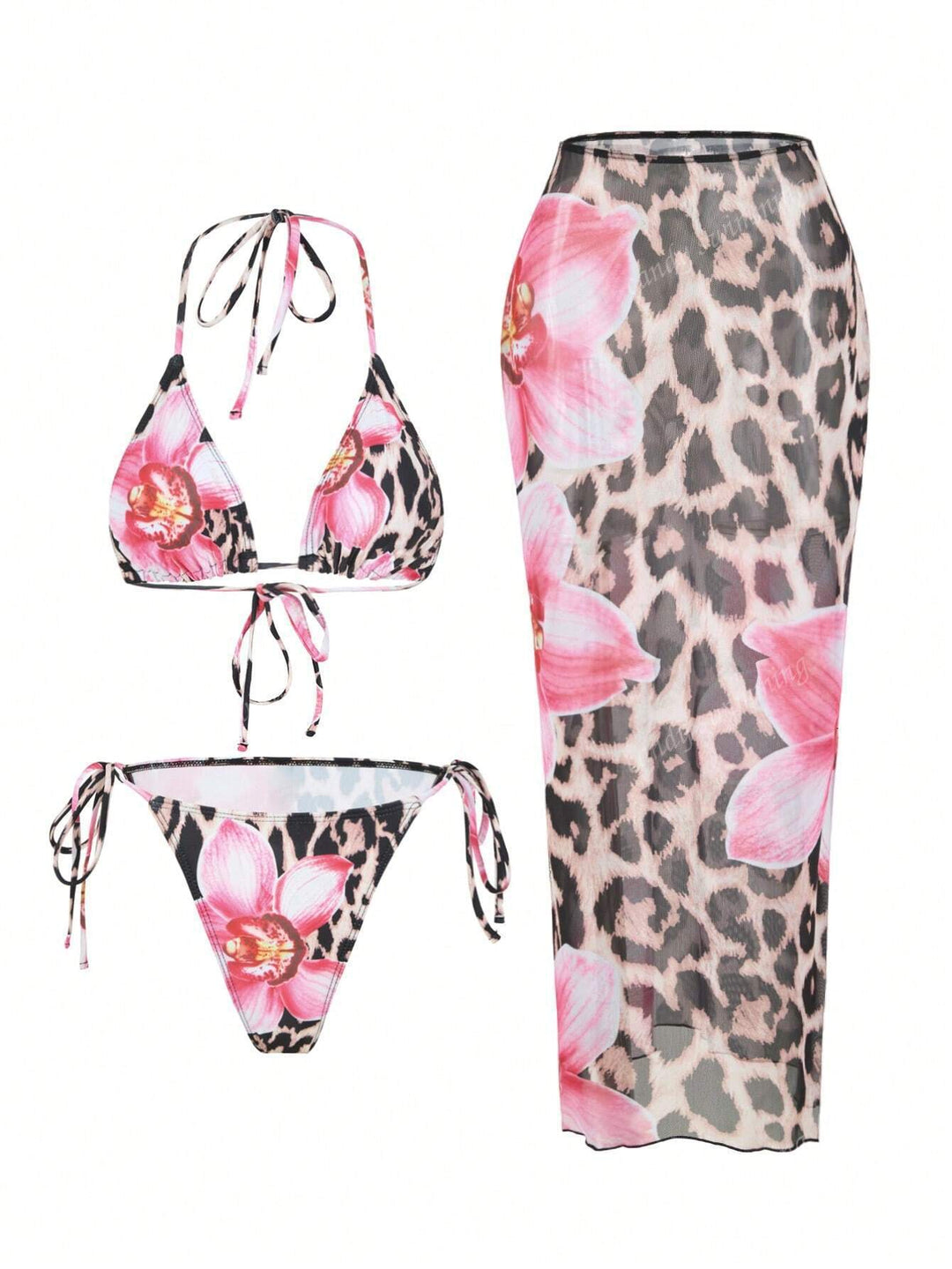 Damen Triangel-Bikini-Set mit floralen Mustern und transparentem Maxirock EB