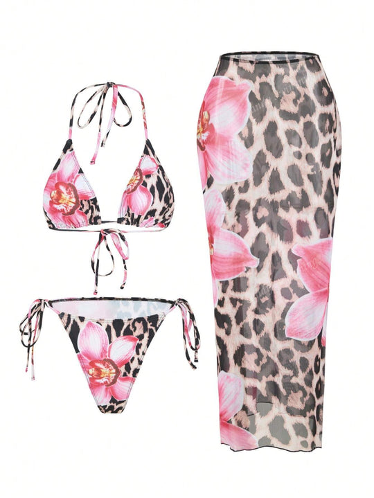 Damen Triangel-Bikini-Set mit floralen Mustern und transparentem Maxirock EB