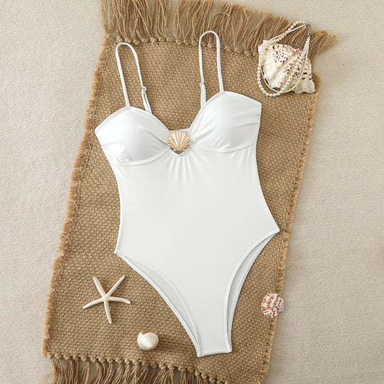 Damen Einteiler Badeanzug mit elegantem Muschel-Detail und verstellbaren Trägern EB