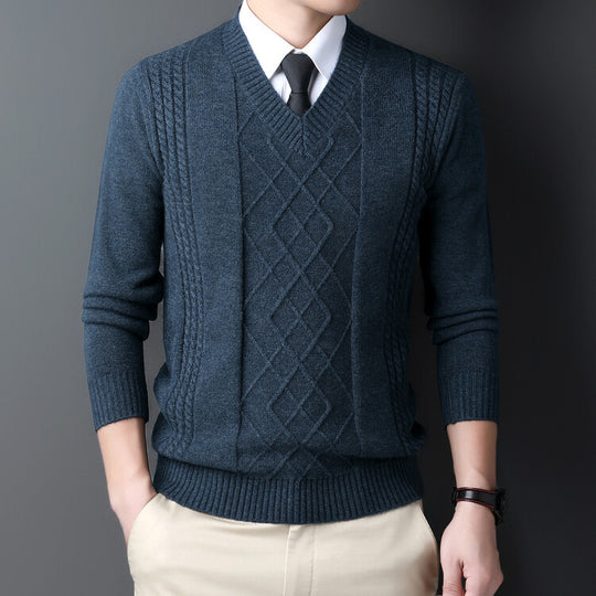 Herren V-Ausschnitt Pullover im modernen Zopfmuster EB
