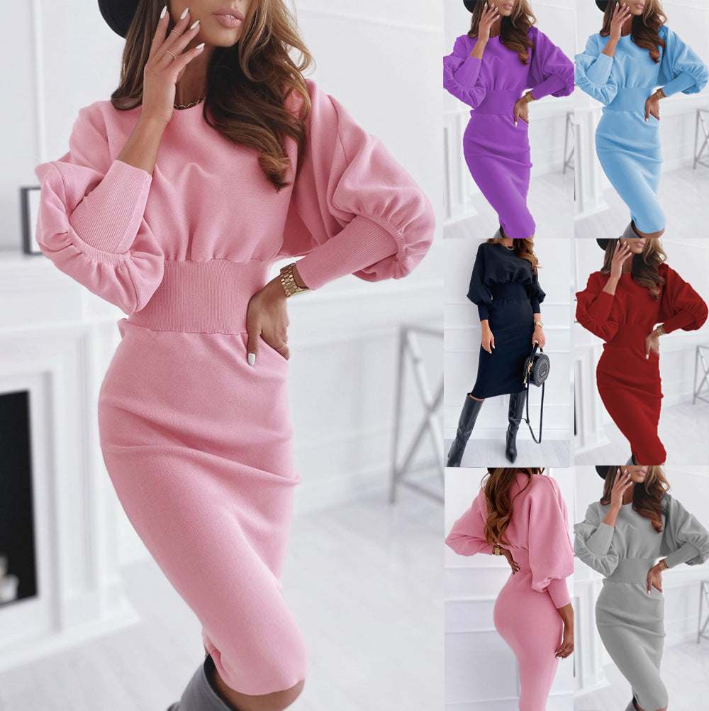 Damen Strickkleid mit Puffärmeln und taillierter Silhouette EB