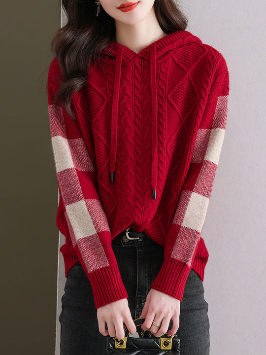 Damen Strickpullover mit Kapuze und modischem Karomuster EB