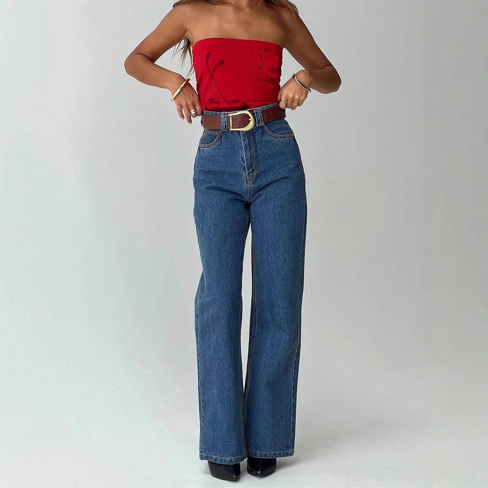 Damen High-Waist Jeans mit weitem Bein und eleganter Bundgestaltung EB