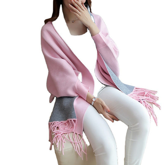Damen eleganter Schal mit Fransen und kontrastierenden Farbdetails EB