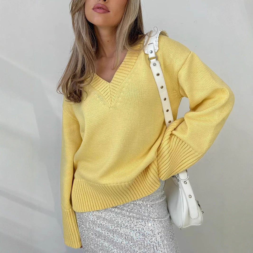 Damen nan oversized Feinstrickpullover mit tiefem V-Ausschnitt, gerippten Bündchen und lockerer Silhouette EB