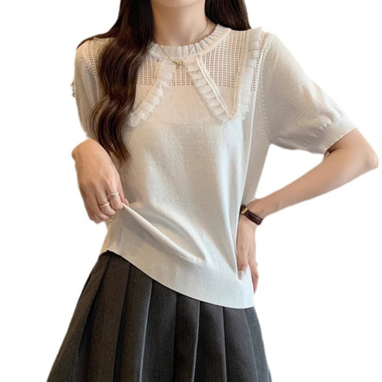 Damen Elegantes Strickoberteil mit dekorativem Rüschensaum und atmungsaktivem Design EB