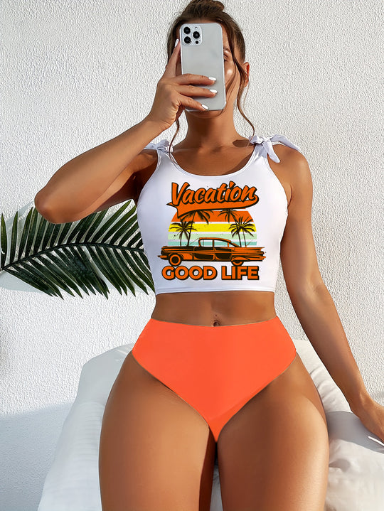 Damen Bikini-Set mit grafischem Motiv und hohem Beinausschnitt EB