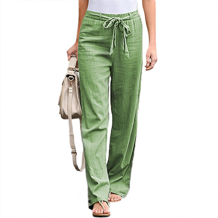 Damen nan lässige Leinenmix Weitebein Hose mit Kordelzug EB