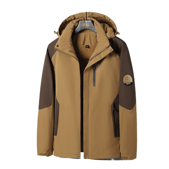 Herren zweifarbige Softshell-Outdoorjacke mit winddichter Membran, verstellbarer Kapuze und verdeckter Brusttasche EB