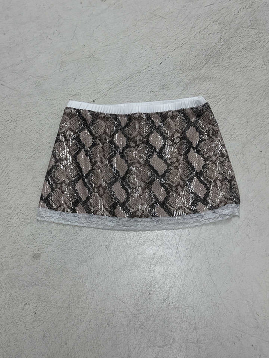 Damen Glitzernder Minirock mit Schlangenmuster und Spitzenrand EB