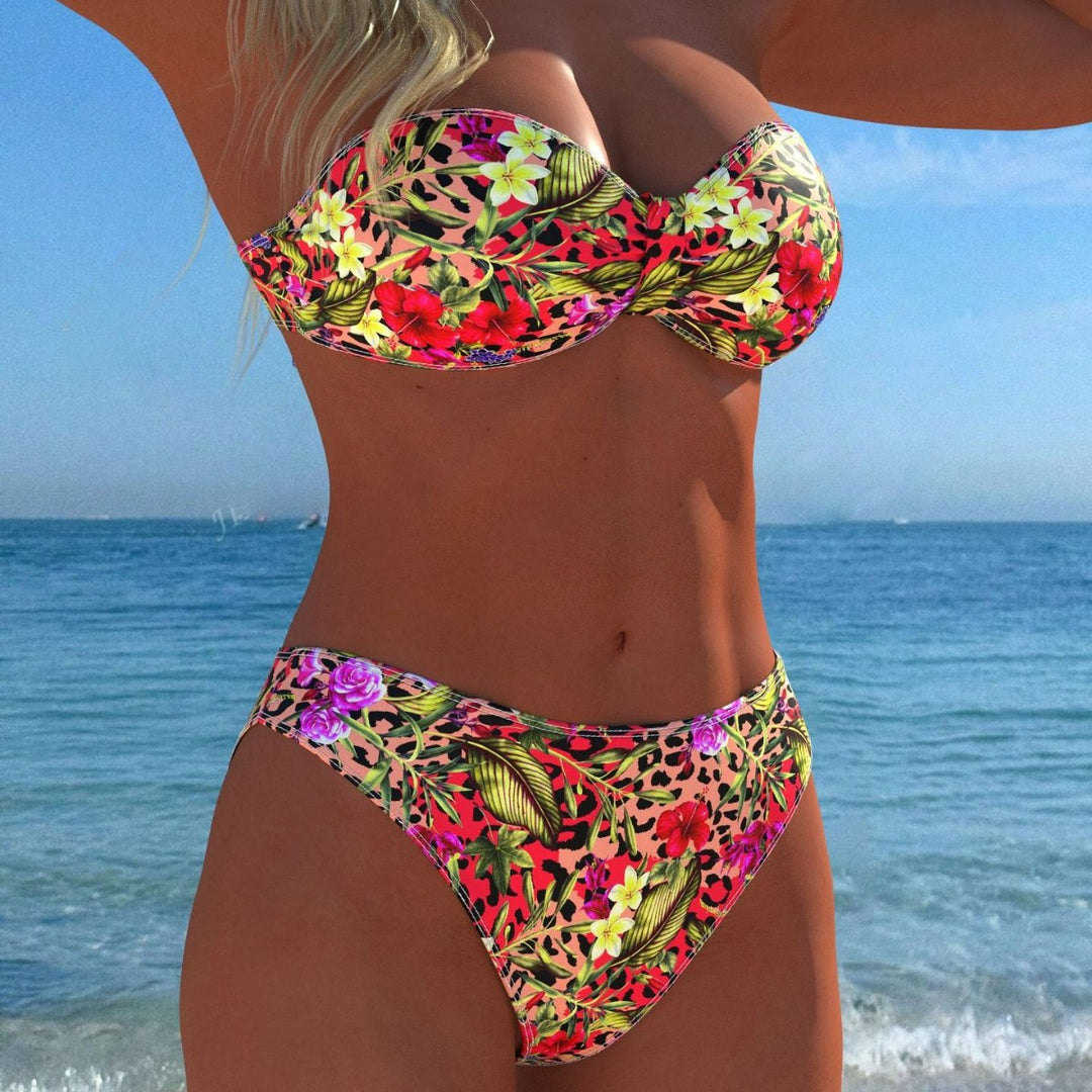 Damen Bandeau-Bikini mit floralem Muster und hohem Beinausschnitt EB