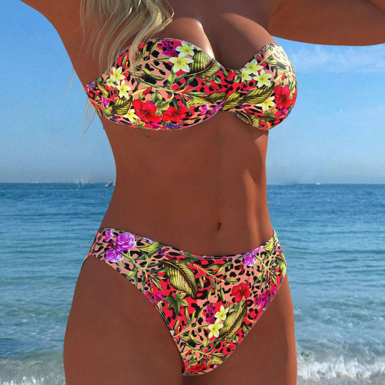 Damen Bandeau-Bikini mit floralem Muster und hohem Beinausschnitt EB