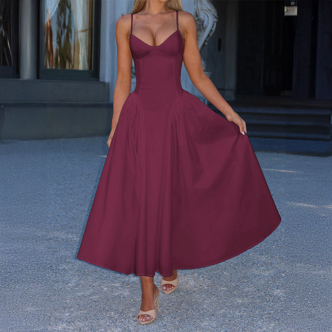 Damen A-linien Abendkleid mit verstellbaren Spaghettiträgern und schwingendem Rock EB