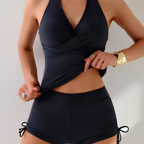 Damen hochmodernes Tankini-Set mit Wickeloberteil und stylischen Badeshorts EB