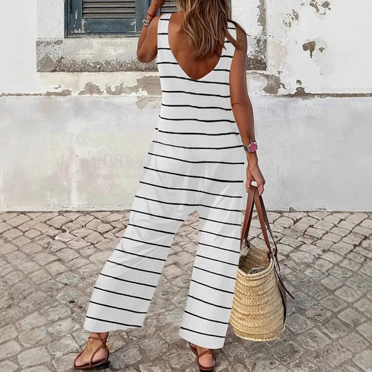 Damen lässiger Jumpsuit mit breiten Bein und klassischem Streifenmuster EB