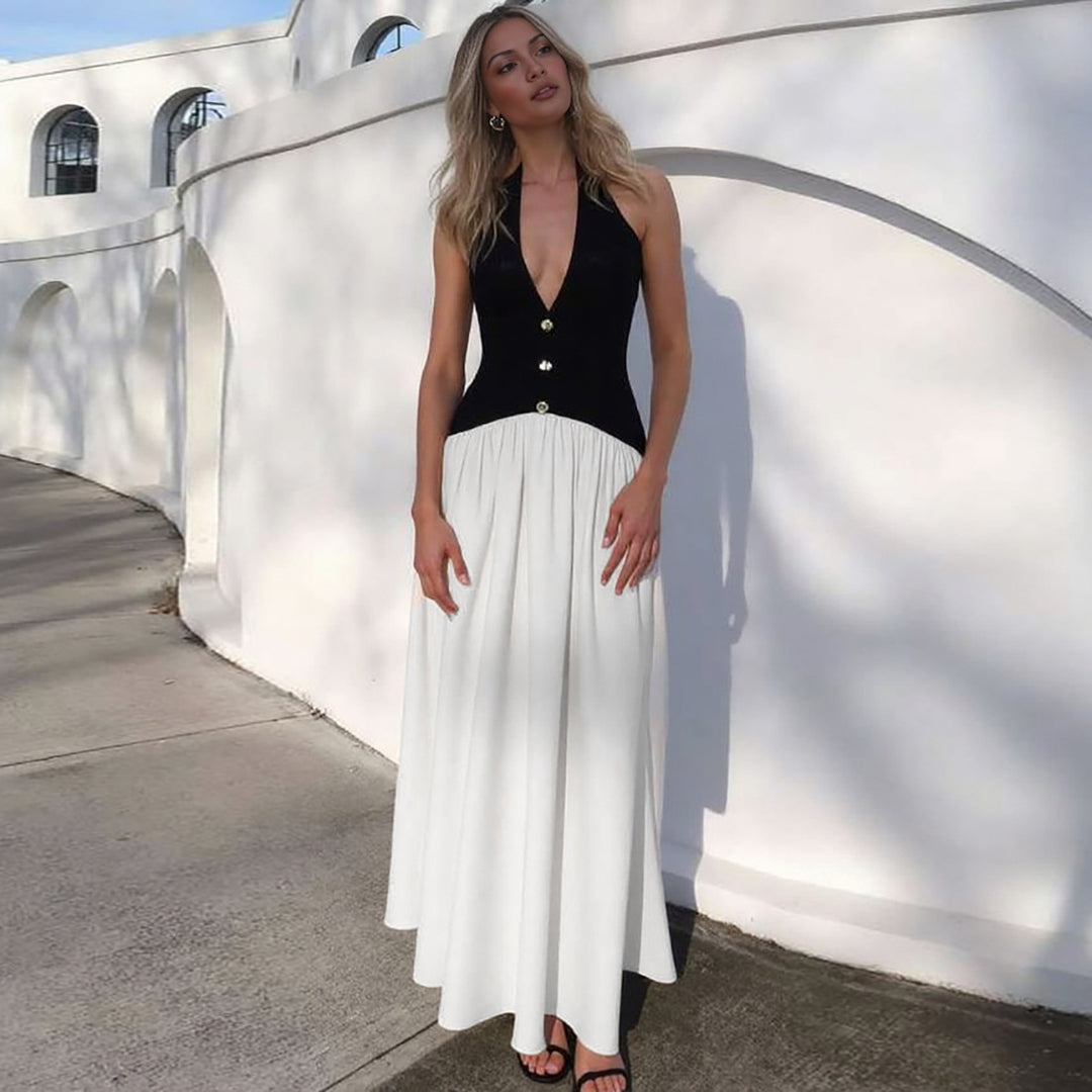 Damen Elegantes Maxikleid mit tiefem V-Ausschnitt und Knopfleiste EB