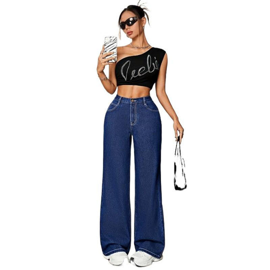 Damen Weite Denim-Hose mit hohem Bund und lässigem Schnitt EB