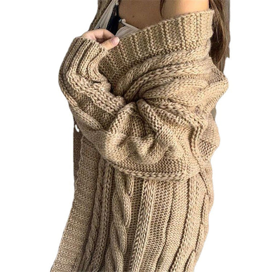 Damen Grobstrickpullover mit offener Schulter und strukturiertem Zopfdesign EB