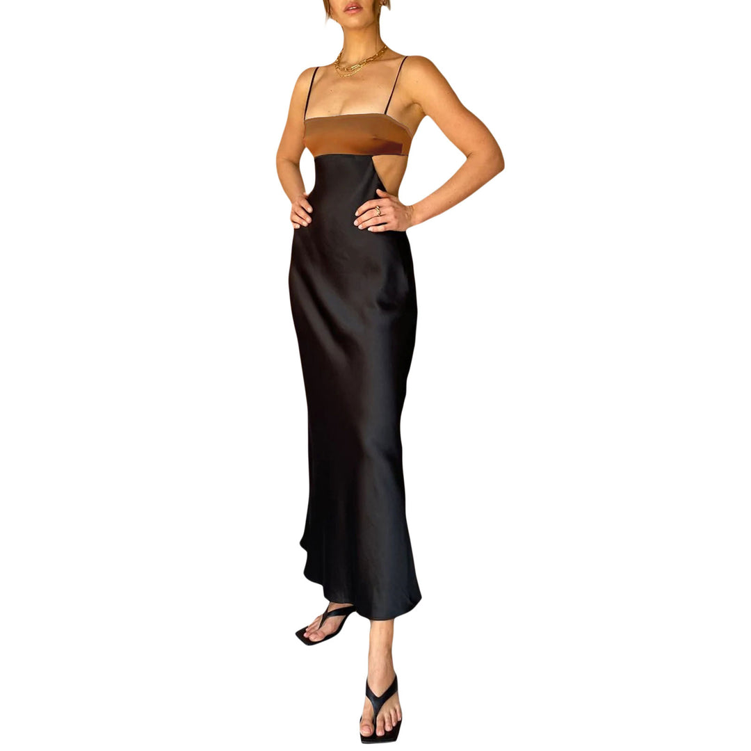Damen elegantes langes Kleid mit innovativem Cut-Out Design und zarten Spaghettiträgern EB