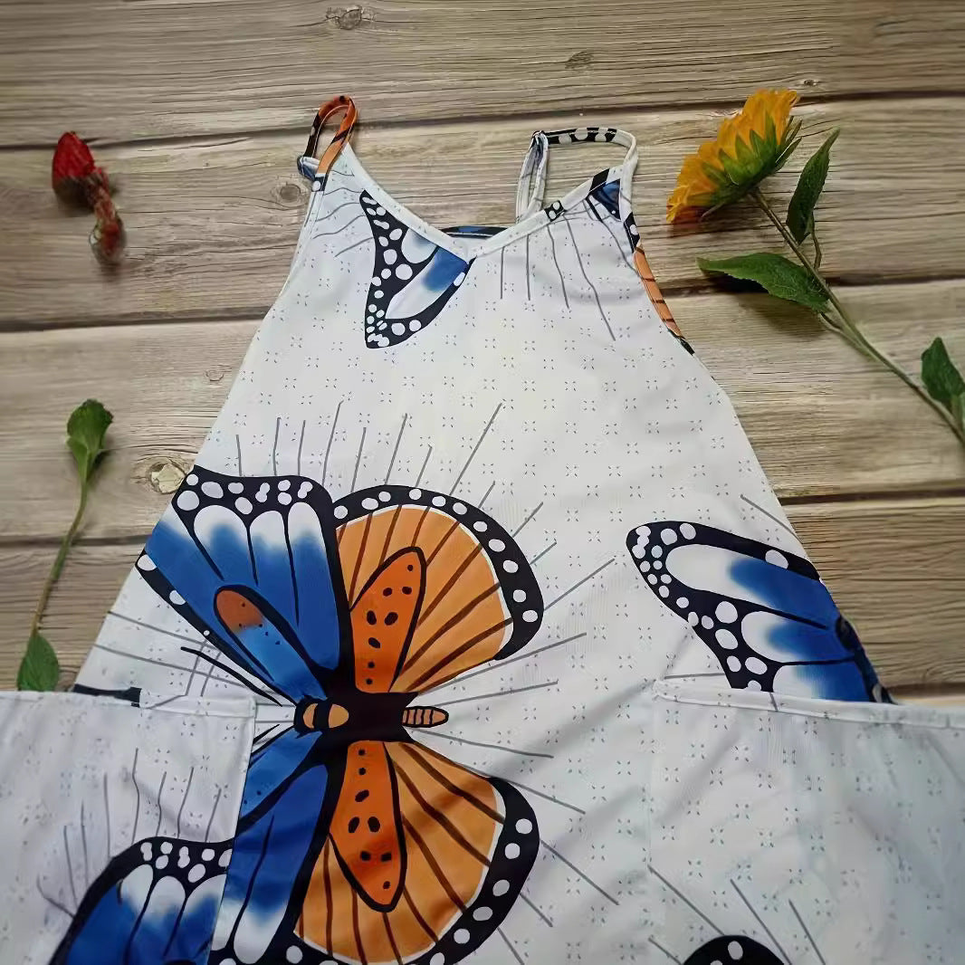 Damen Jumpsuit mit buntem Schmetterlingsmuster und praktischen Taschen EB
