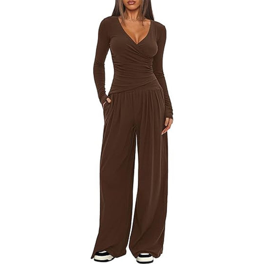 Damen Eleganter Wickel-Jumpsuit mit weitem Bein und modischen Details EB