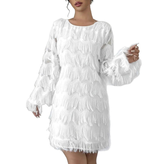 Damen Kleid mit Wellenmuster und voluminösen Fransen EB