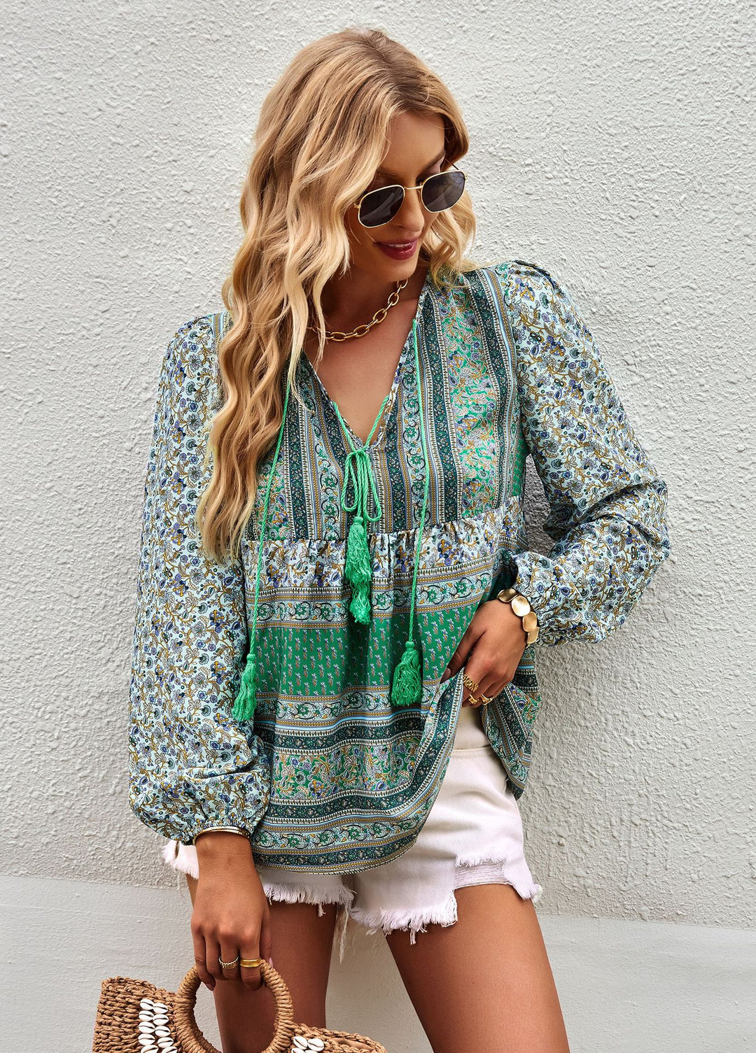Damen nan lockere Boho-Tunika-Bluse mit V-Ausschnitt, Quasten-Tie und gerafften Ballonärmeln EB