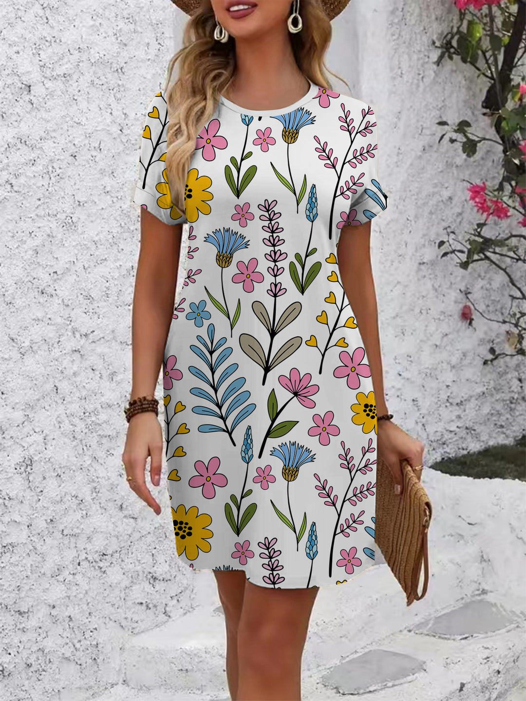 Damen lässiges T-Shirt Kleid mit buntem Blumenmuster und bequemem Schnitt EB