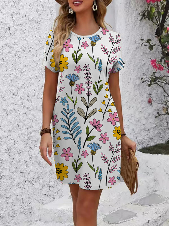 Damen lässiges T-Shirt Kleid mit buntem Blumenmuster und bequemem Schnitt EB