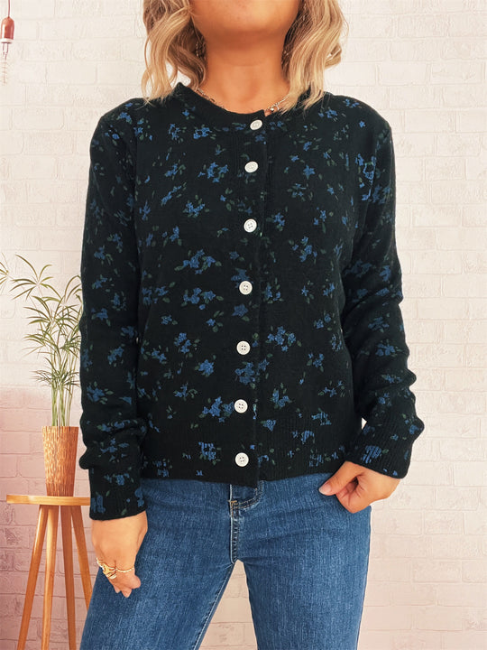 Damen gemütliche Strickjacke mit floralen Mustern und Knopfverschluss EB