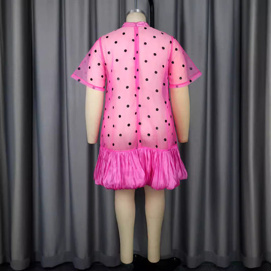 Damen durchsichtiger Polka-Dot Mini-Kleid mit Rüschensaum EB