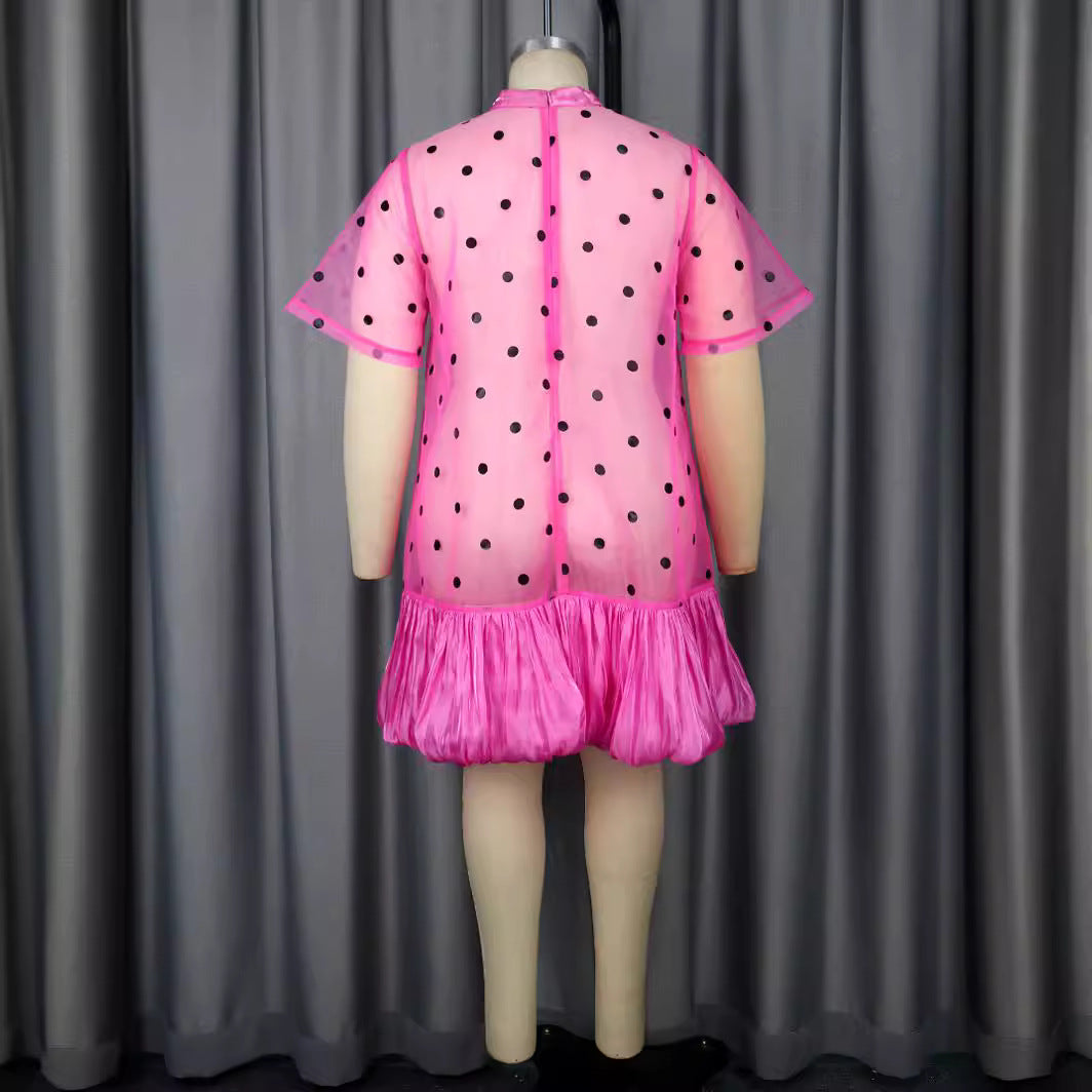 Damen Transparentes Polka-Punkte Kleid mit Rüschensaum EB