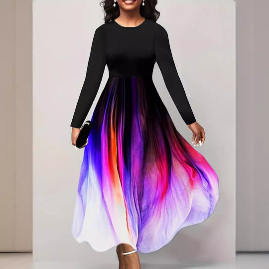 Damen Elegantes Maxikleid mit kreativer Farbverlauf-Optik und langen Ärmeln EB