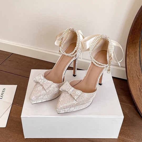 Damen elegante High Heel Schuhe mit Perlenakzenten EB