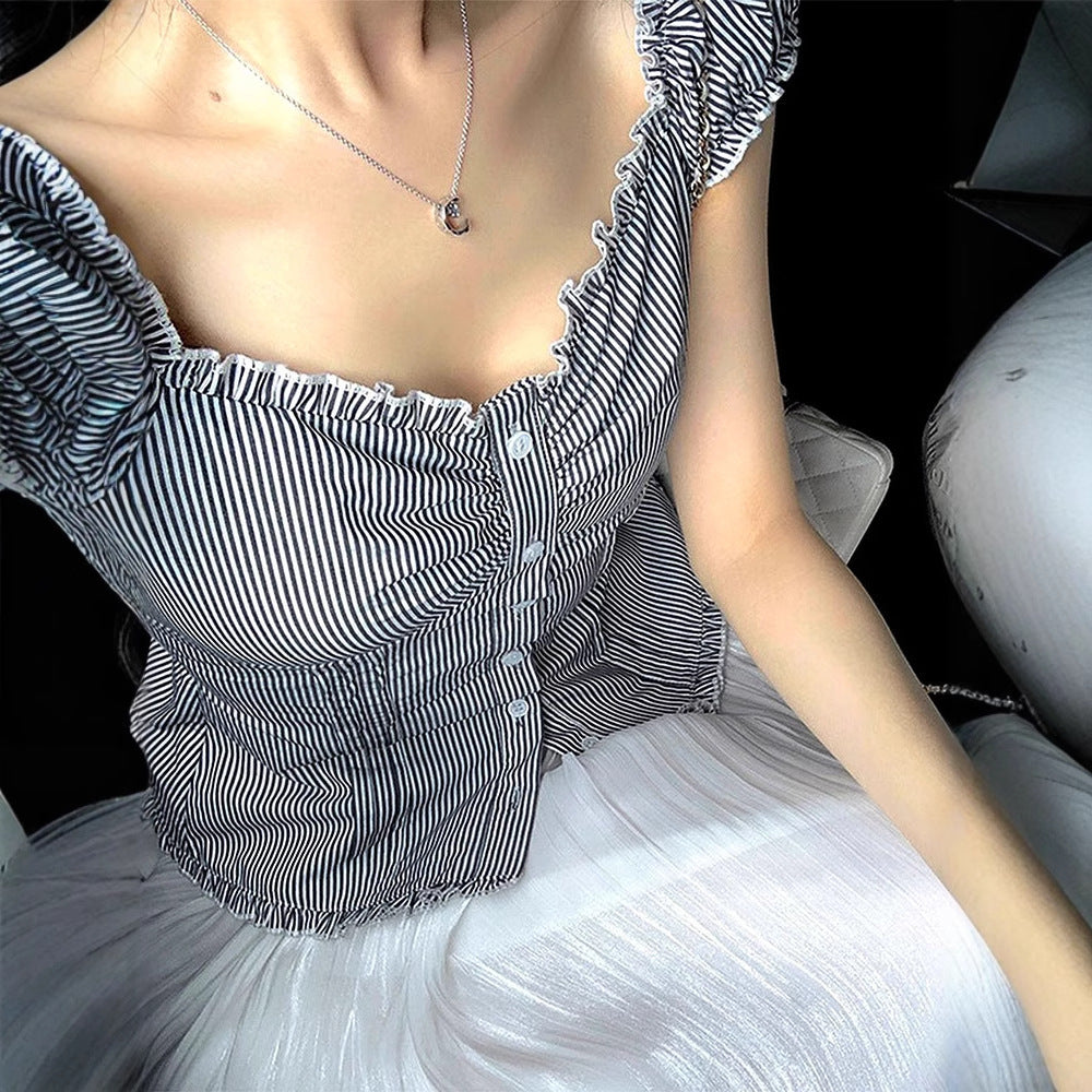 Damen Off-Shoulder Bluse mit feinen Rüschendetails und gestreiftem Muster EB