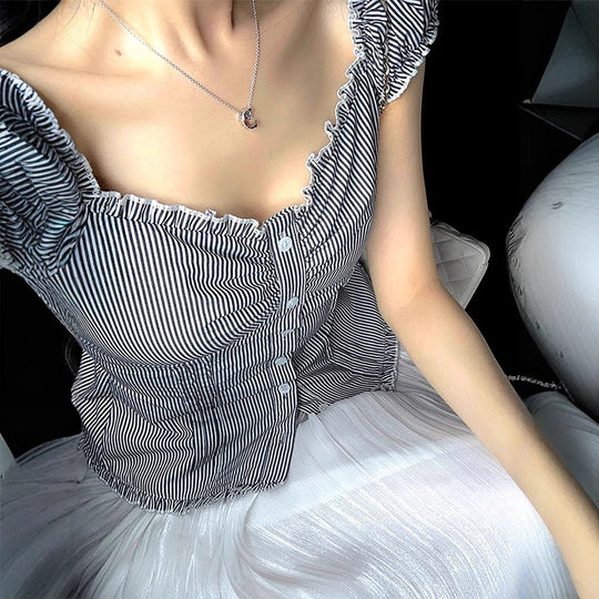Damen Off-Shoulder Bluse mit feinen Rüschendetails und gestreiftem Muster EB
