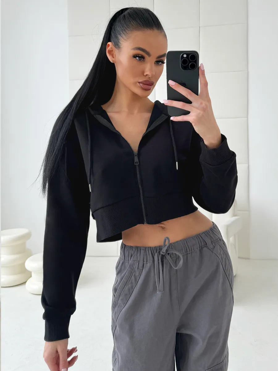 Damen Cropped Kapuzenjacke mit kurzem Reißverschluss und breitem Rippbund EB