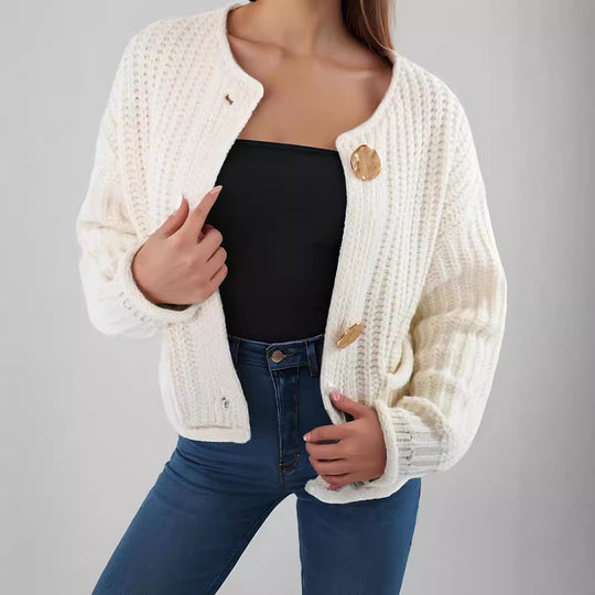 Damen Strickjacke mit kreativen Knopfdetails und seitlichen Taschen EB