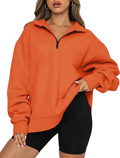 Damen nan oversized Sweatshirt mit halbem Reißverschluss, weichem Fleece-Innenfutter und Kängurutasche EB