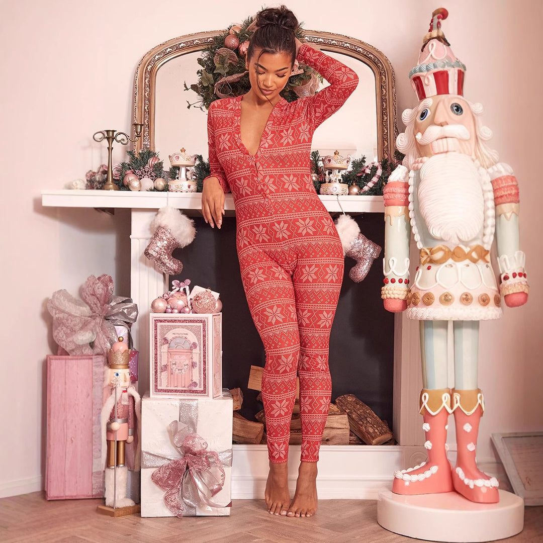 Damen Gemütlicher Jumpsuit mit Weihnachtsmotiv und langer Arm EB