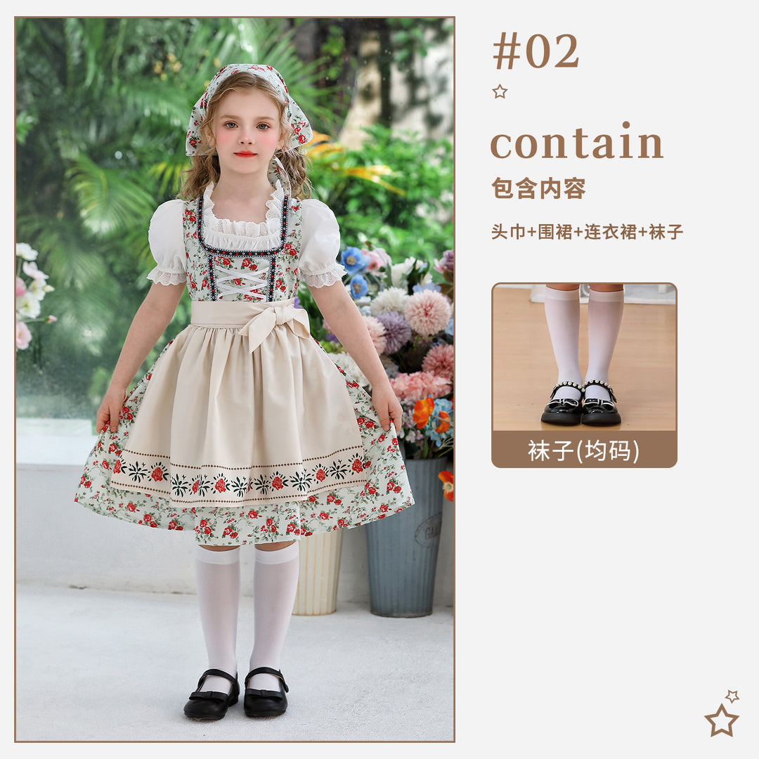 Damen nan traditionelles Dirndlkleid für Mädchen mit bestickter Schürze, Rüschenkragen und passendem Kopftuch EB