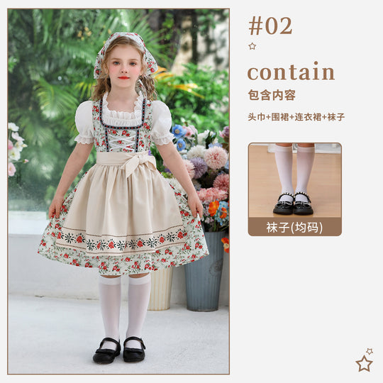 Damen nan traditionelles Dirndlkleid für Mädchen mit bestickter Schürze, Rüschenkragen und passendem Kopftuch EB