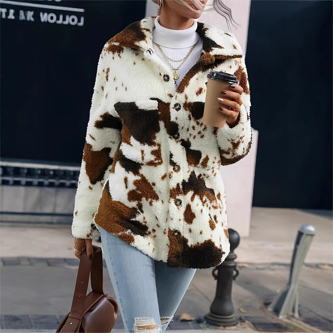 Damen Kuschelige Fleecejacke mit modischem Tierfellmuster EB